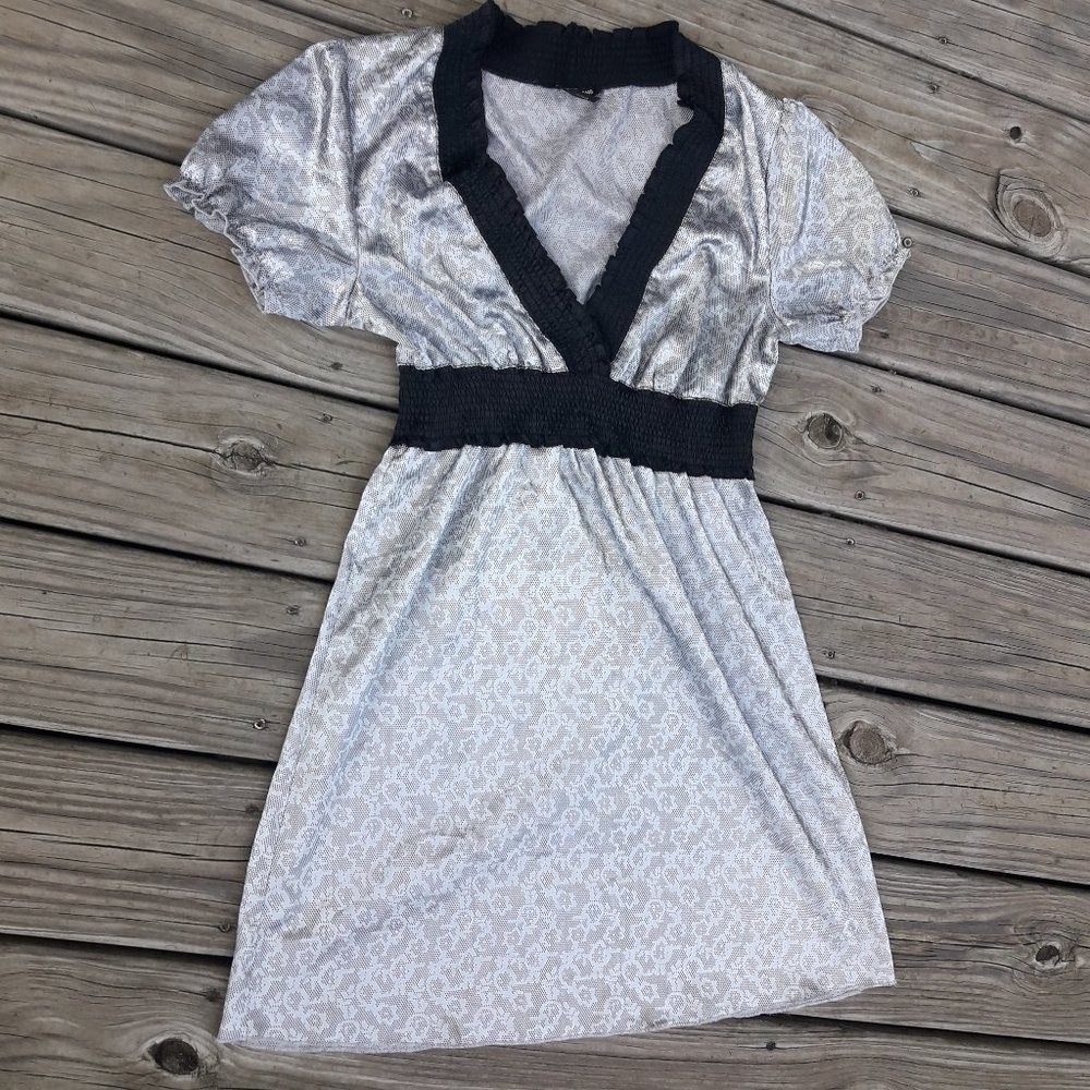 Vintage Guess Dress Retro 90s Romamtic Flirty Puff Sleeves Plunging V Neck